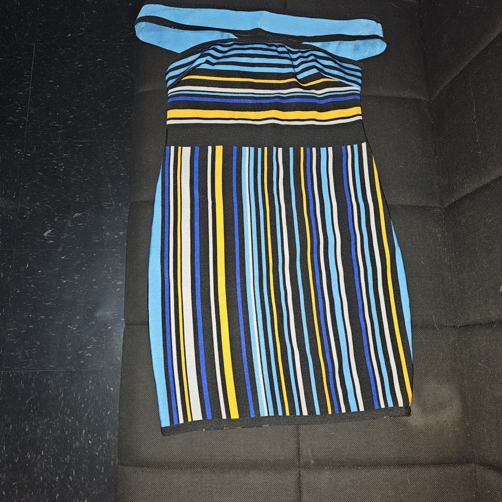 Fashion Nova Women Off-Shoulder Dress - Blue, Yellow, Black Stripes